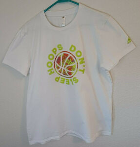 ADIDAS Women's White Large "Hoops Don't Sleep" Go-To, Cotton T-Shirt, TEE